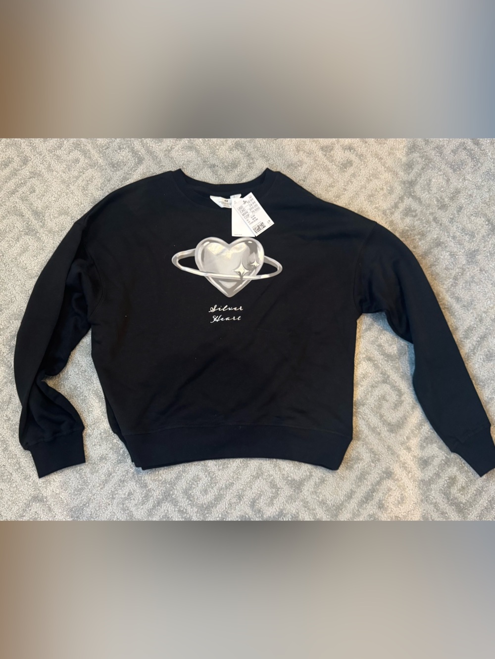 H&M Black Graphic Sweatshirt with Silver Heart Planet Logo size 14-16